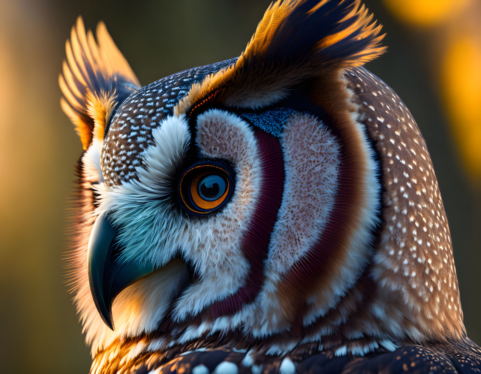 Colorful owl with detailed feathers and orange eyes on golden background