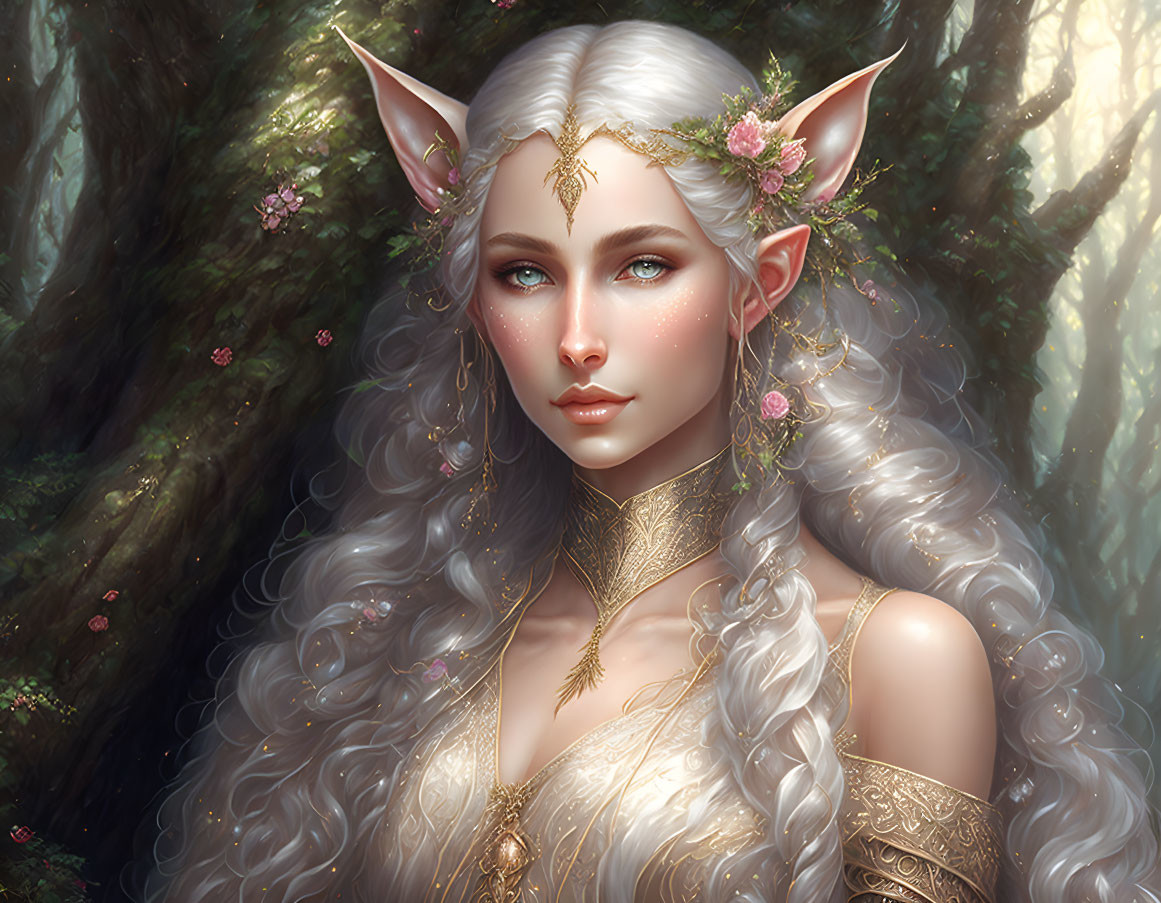 White-haired ethereal being in floral crown in enchanted forest