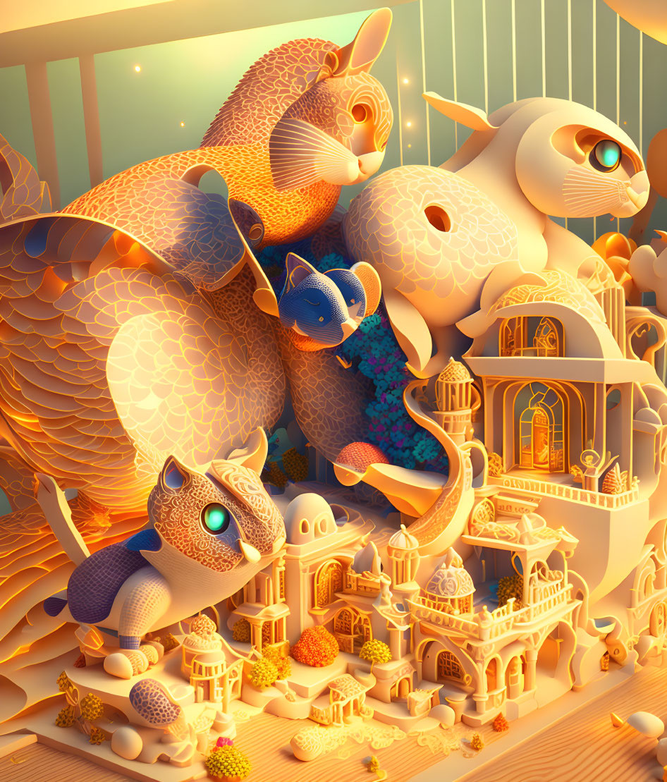 Stylized digital artwork featuring intricate kitties and fantasy castle architecture