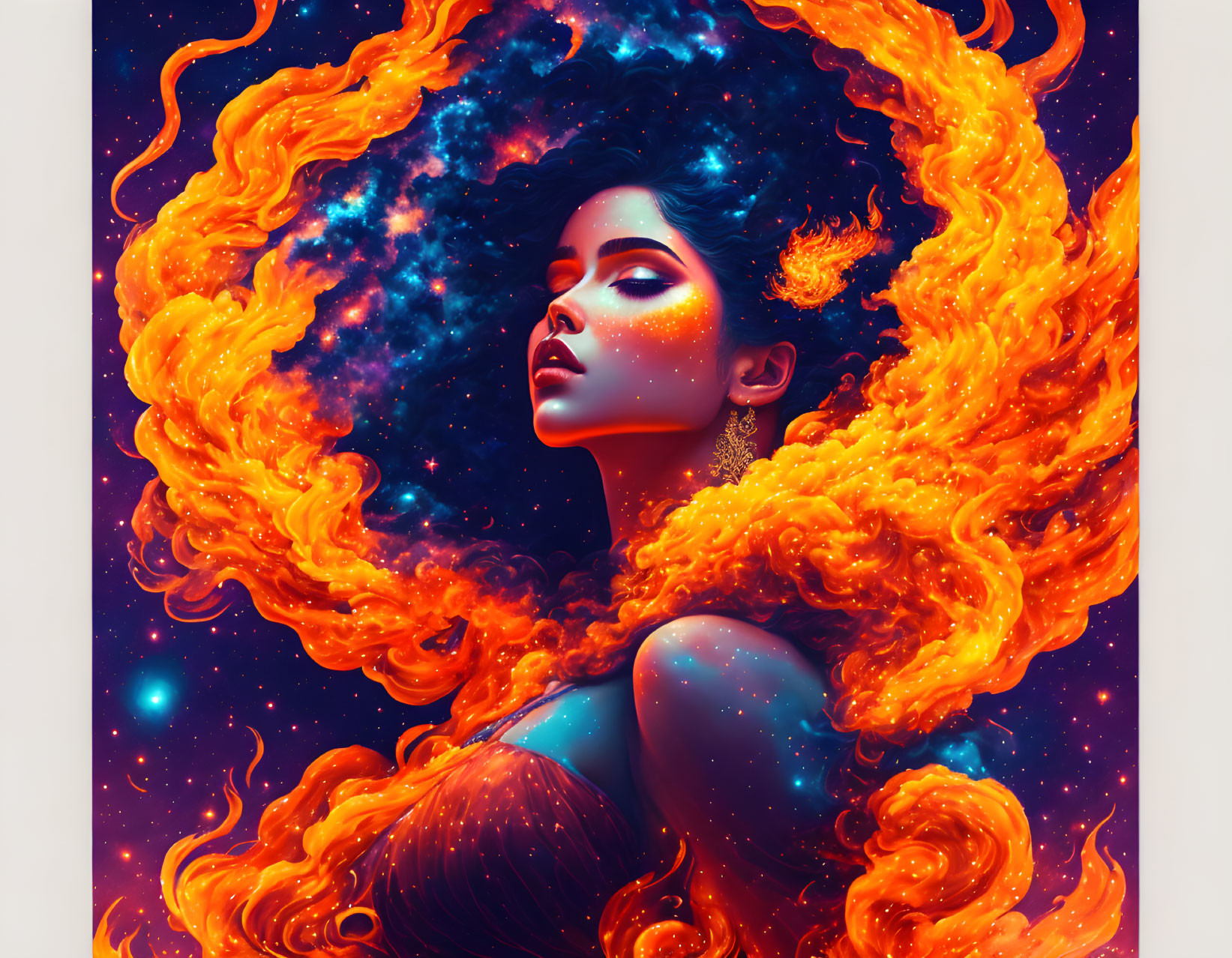 Fiery orange hair woman in cosmic setting with sparkling stars