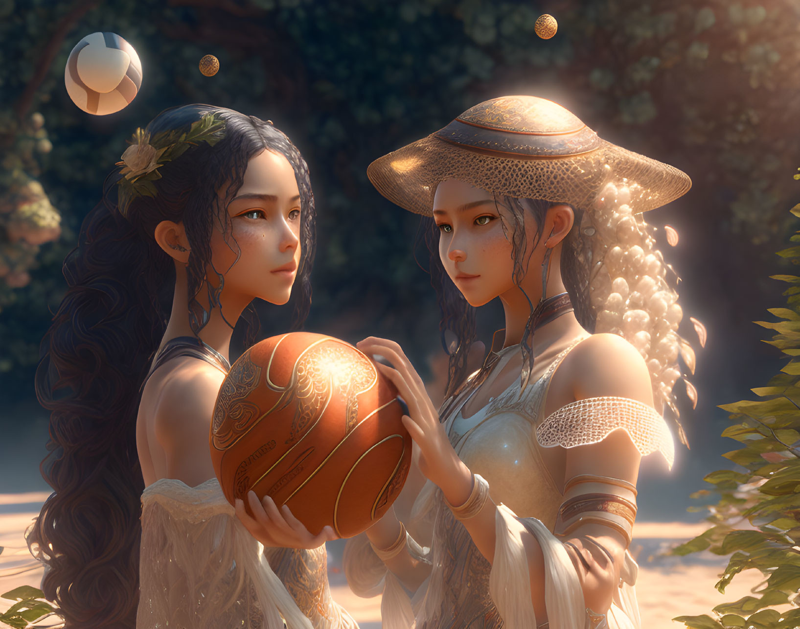 Two female characters in a sunlit forest holding a patterned ball, one wearing a hat, both