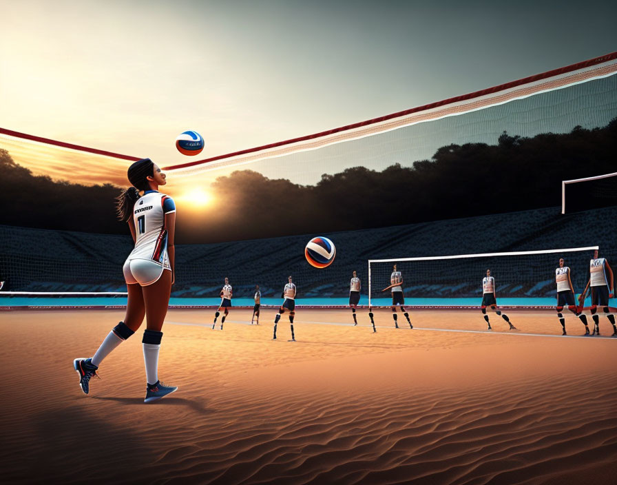 Volleyball player serving ball at sunset on sand court