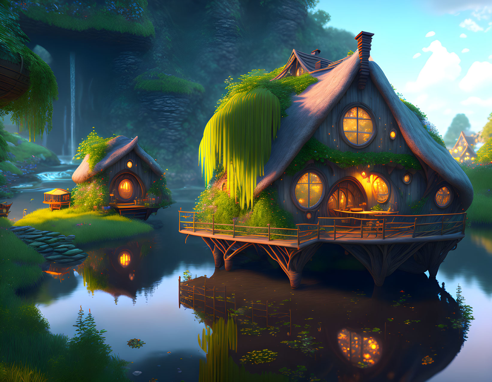 Tranquil fantasy landscape with quaint houses, lake, waterfall, and lush greenery