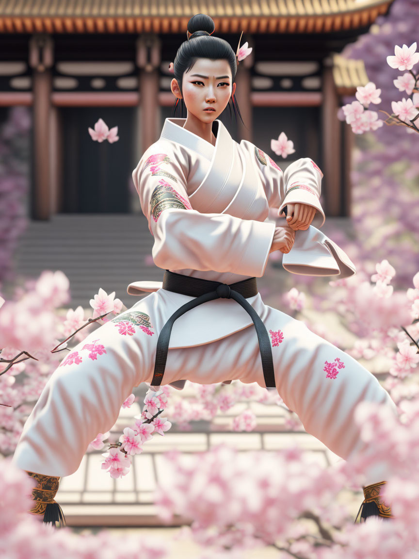 Stylized female martial artist in white gi amid cherry blossoms and temple