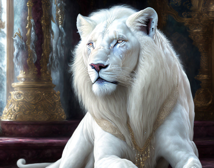 Majestic white lion with blue eyes and gold jewelry in ornate interior.