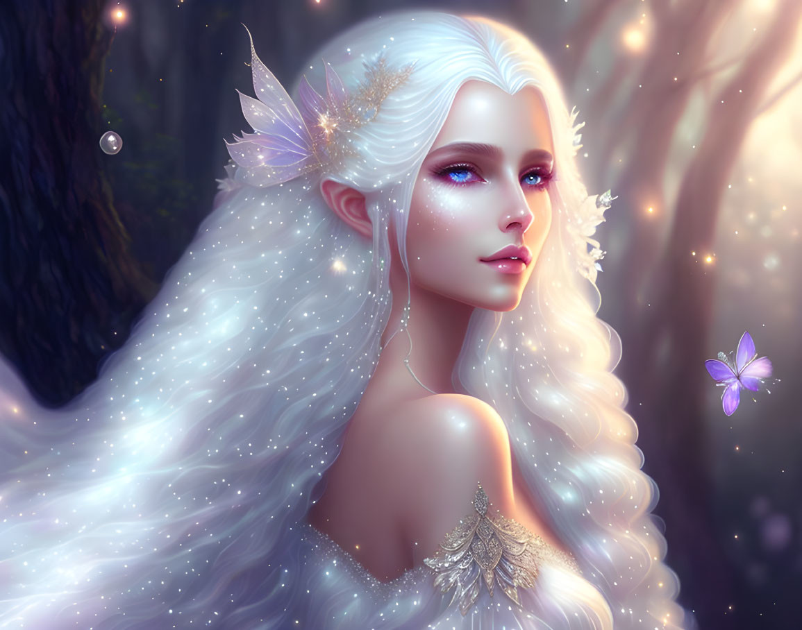 Fantasy illustration of woman with elfin features in enchanted forest