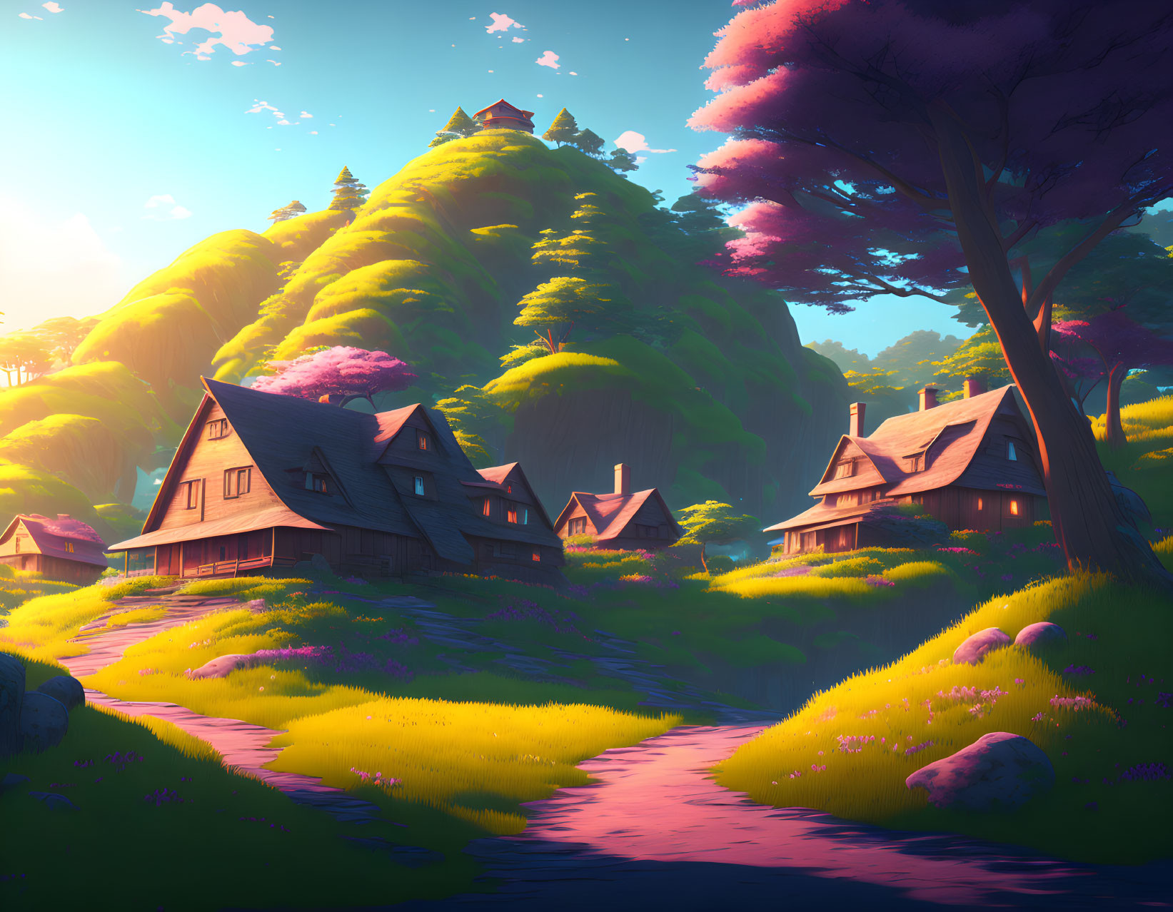 Vibrant fantasy landscape with cozy cottages and flower-dotted hills