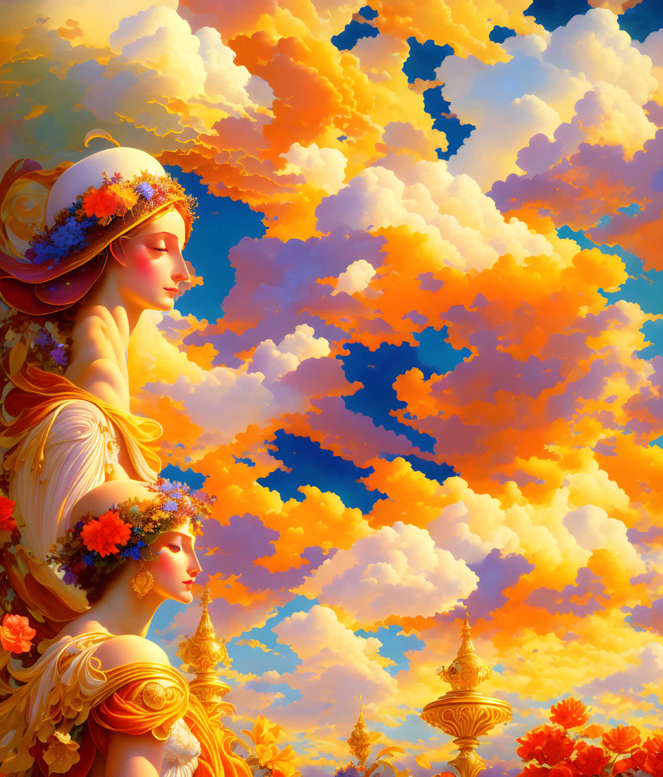 Digital Artwork: Two Women with Flower Crowns Against Golden Clouds