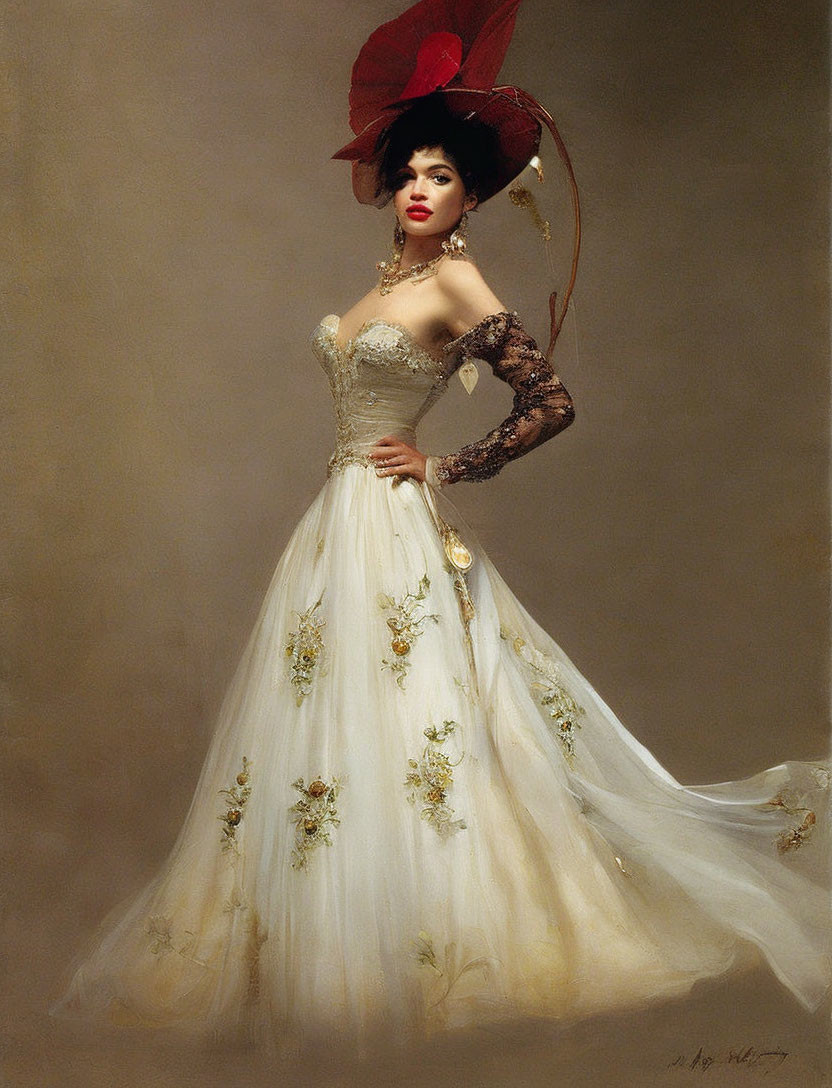 Woman in white gown with gold floral embroidery and red hat against neutral background