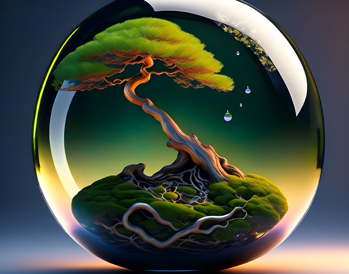 Surreal artwork: Tree in transparent sphere, roots intertwined, floating water droplet, crescent