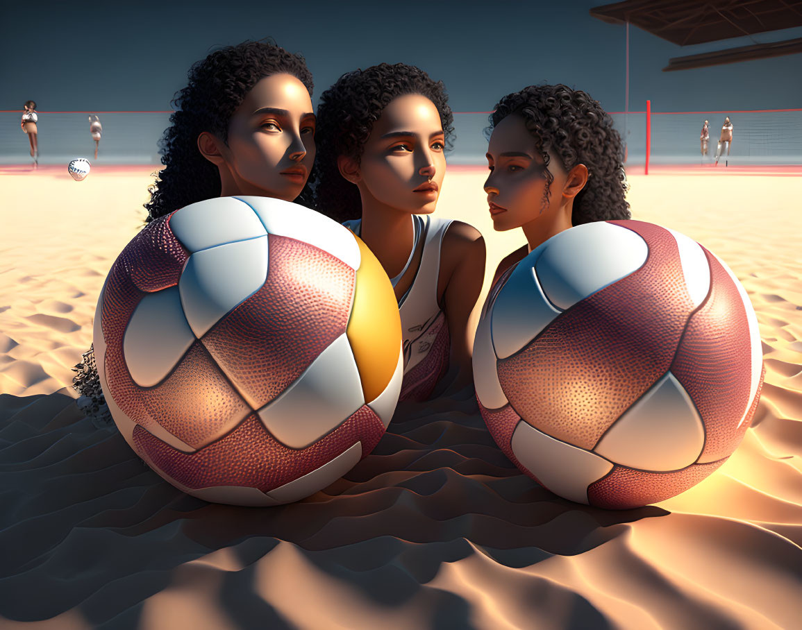 Three people playing volleyball on a beach with sand court and other players in the background.