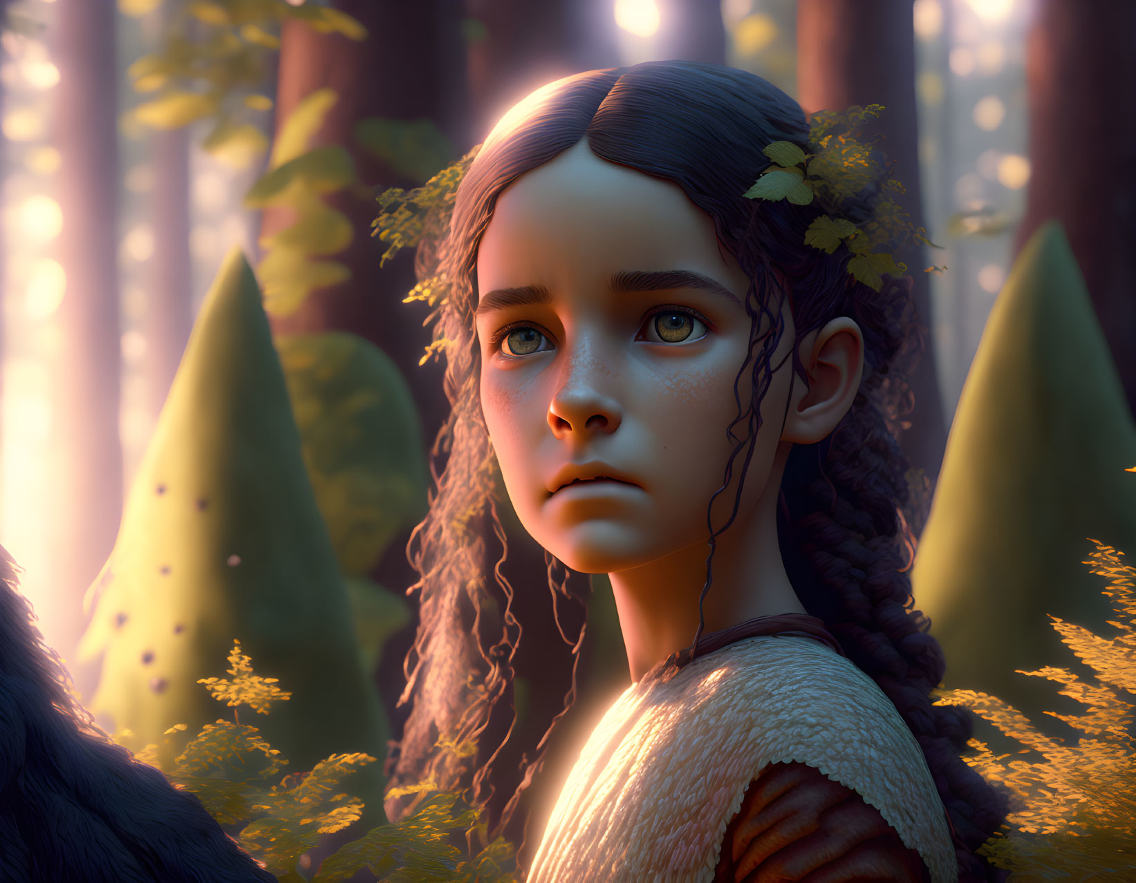 Young girl with braided hairstyle surrounded by forest leaves in sunlit woods