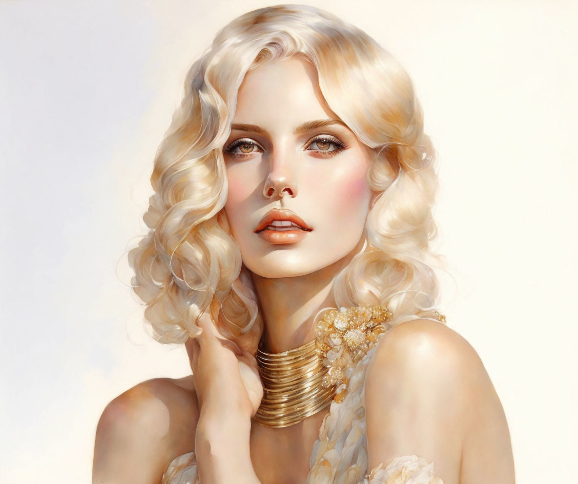 Portrait of woman with golden blonde curls and striking features in gold choker necklace