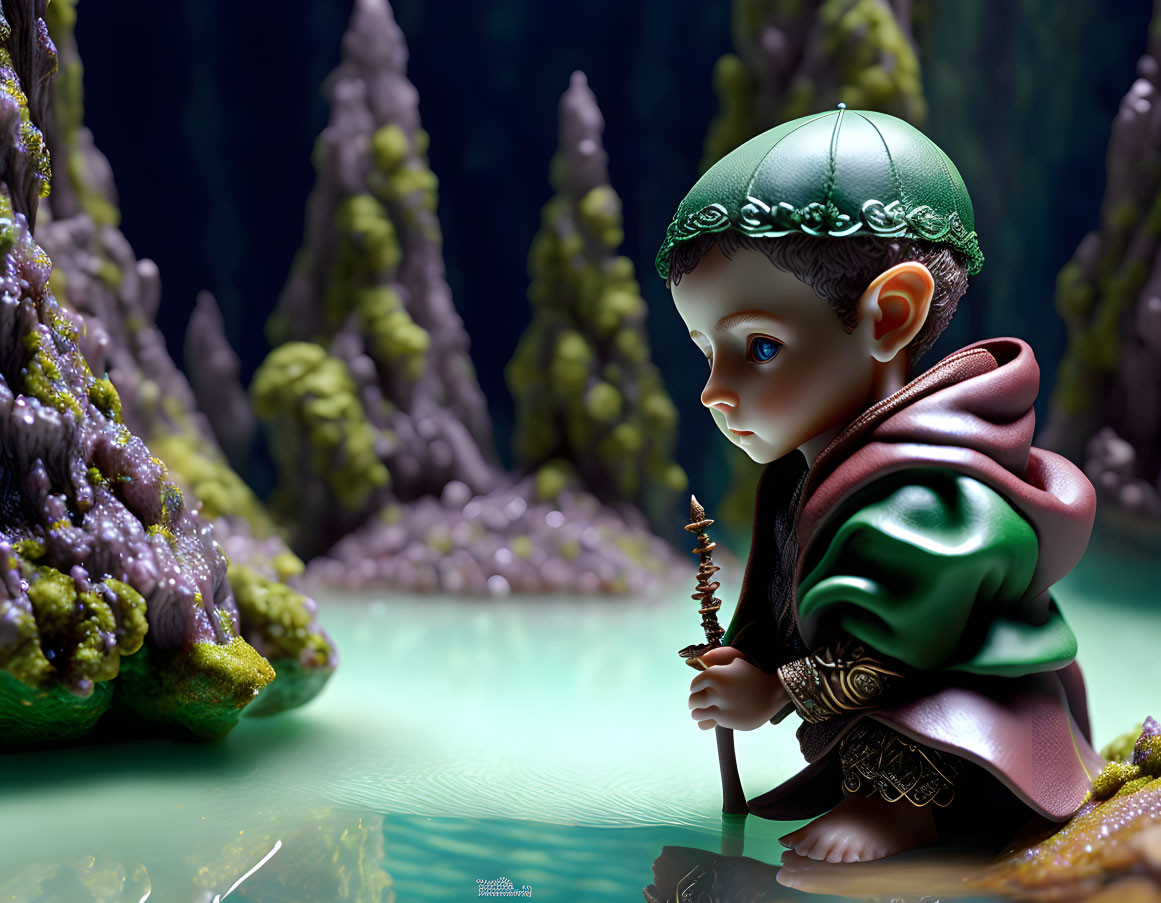 Young elf figurine crouched by green reflective surface among moss-covered rocks