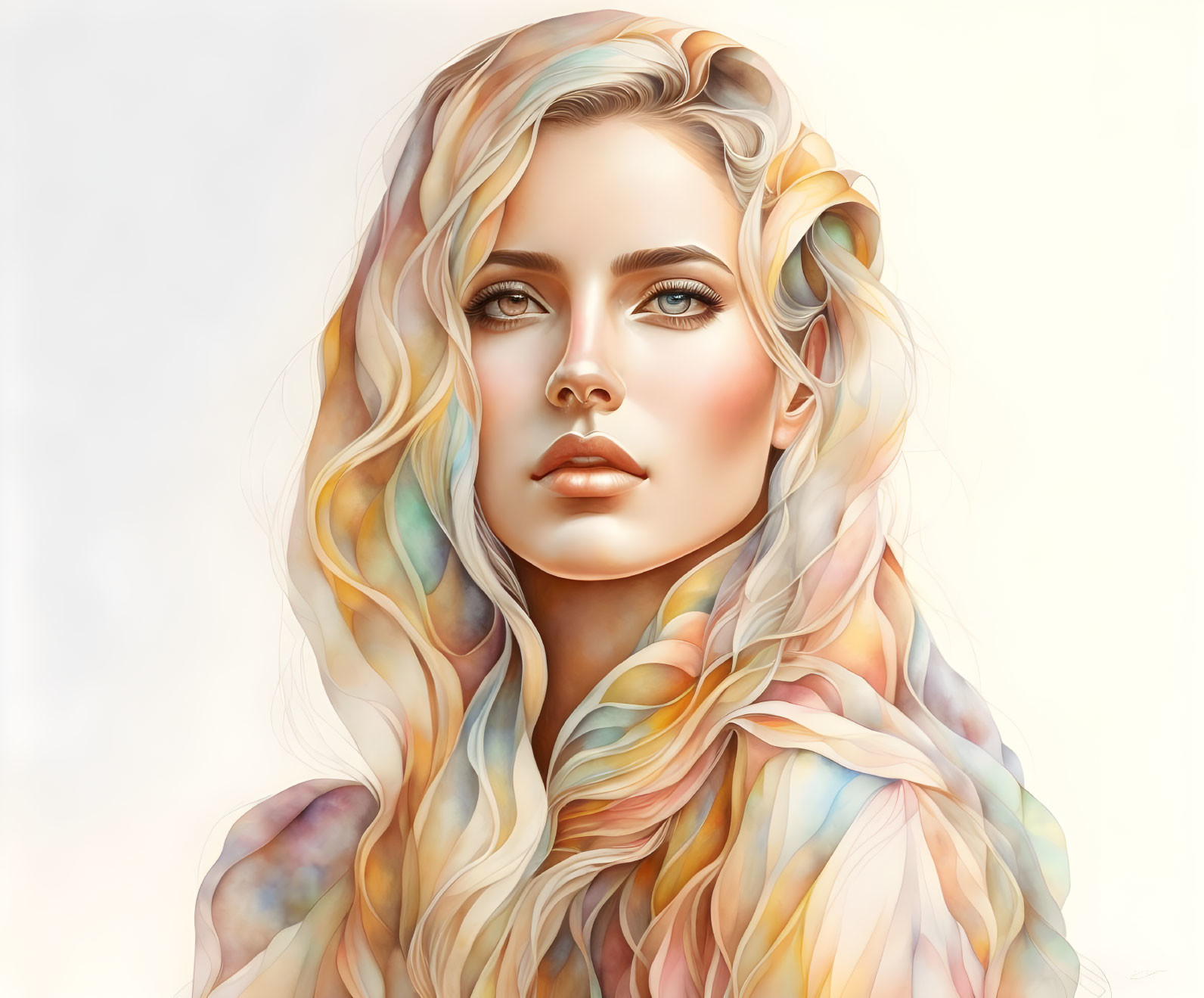 Vibrant woman portrait with flowing hair in soft pastel hues