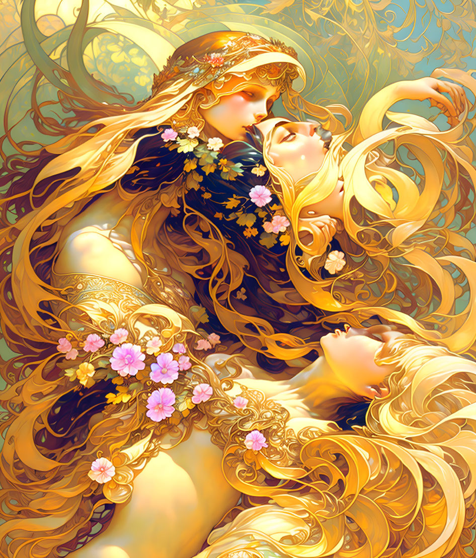 Detailed illustration: Three ethereal women with golden hair and flowers on ornate background