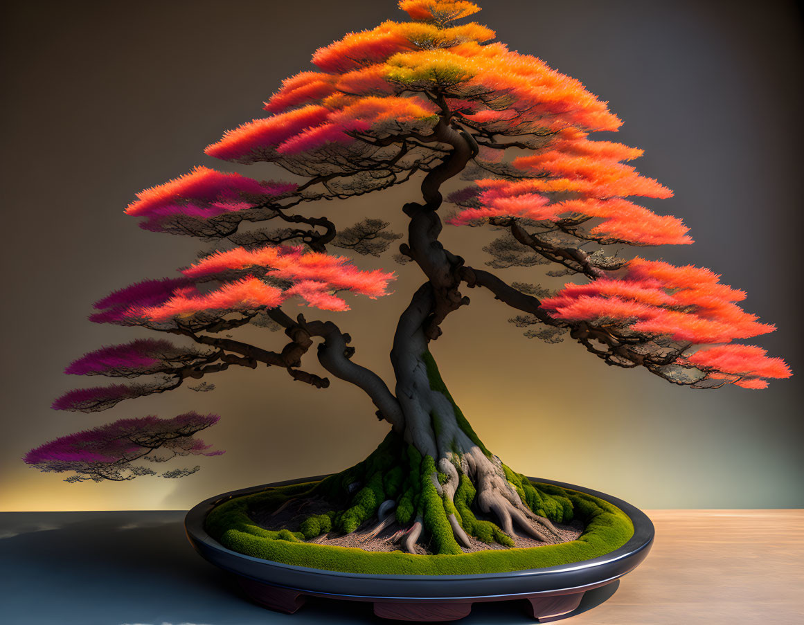 Vibrant multicolored bonsai tree on gradient background