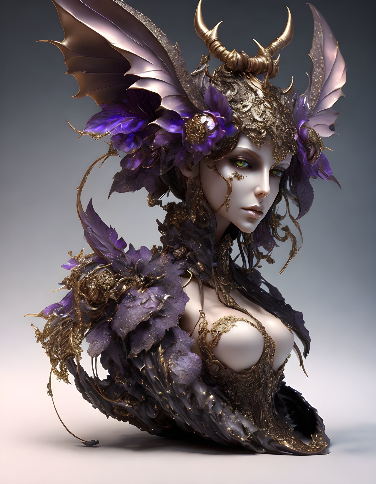 Fantasy Female Figure 3D Illustration with Golden Horns and Elaborate Purple Floral Head