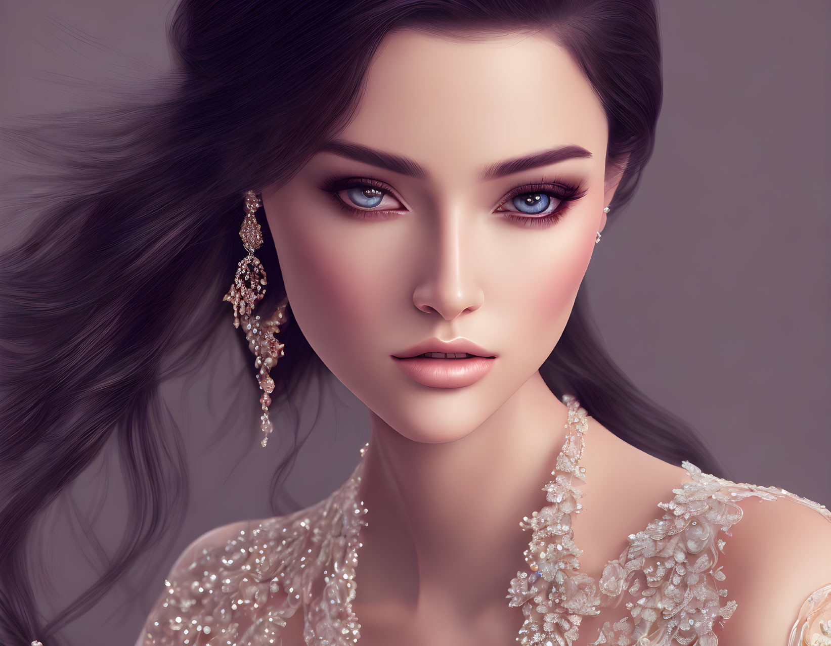 Detailed illustration of woman with glowing skin, blue eyes, dark hair, elegant earring, and embell