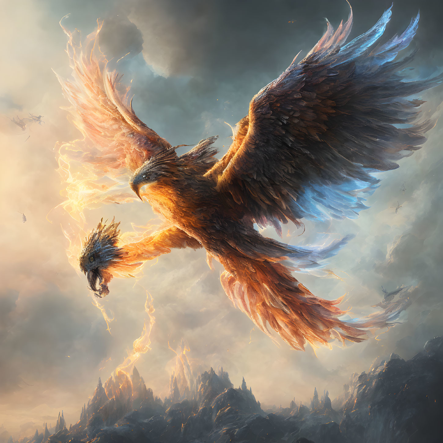 Majestic phoenix with fiery wings above volcanic landscape