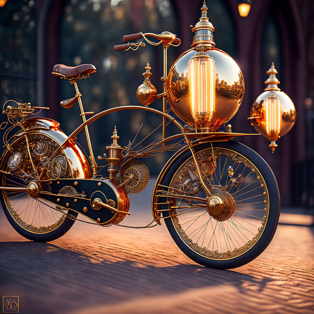 Steampunk-style ornate bicycle with metalwork and spherical embellishments.