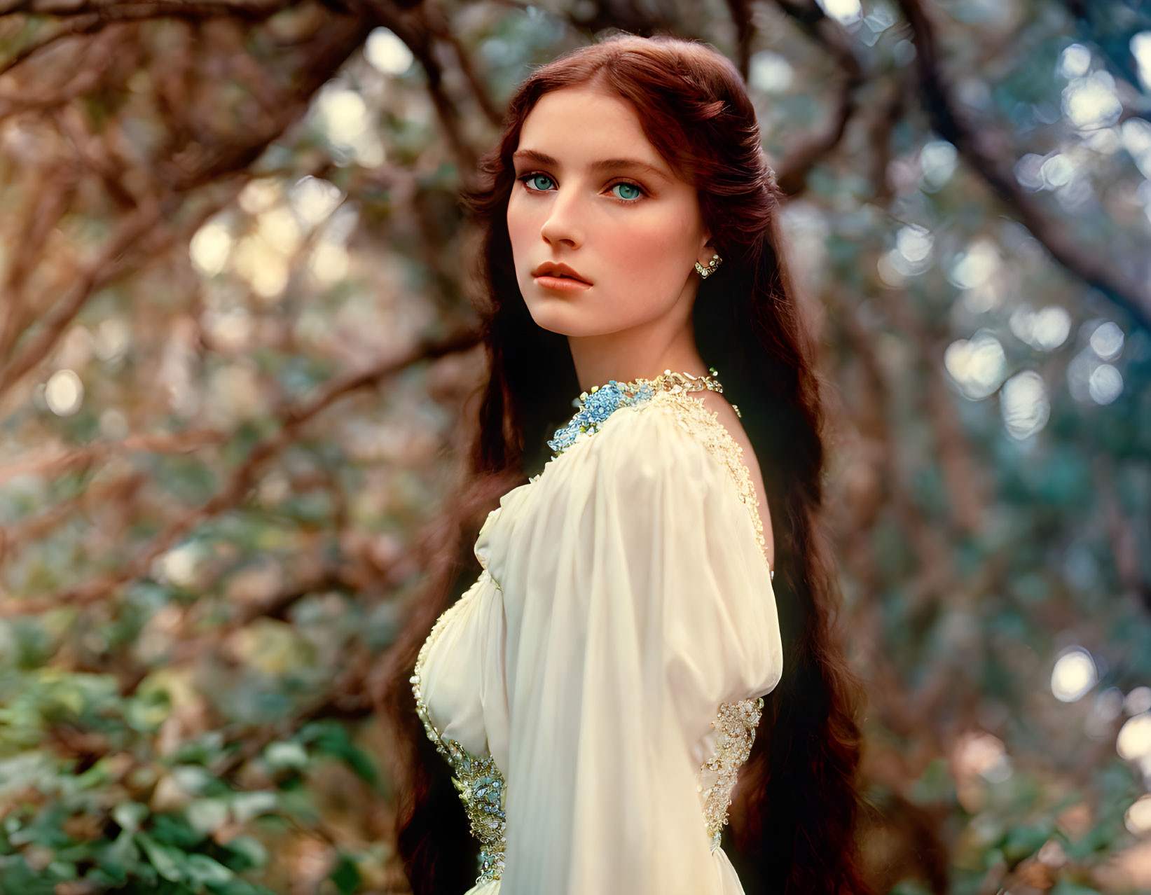 Blue-eyed woman in vintage white dress with blue and gold trim against forest backdrop