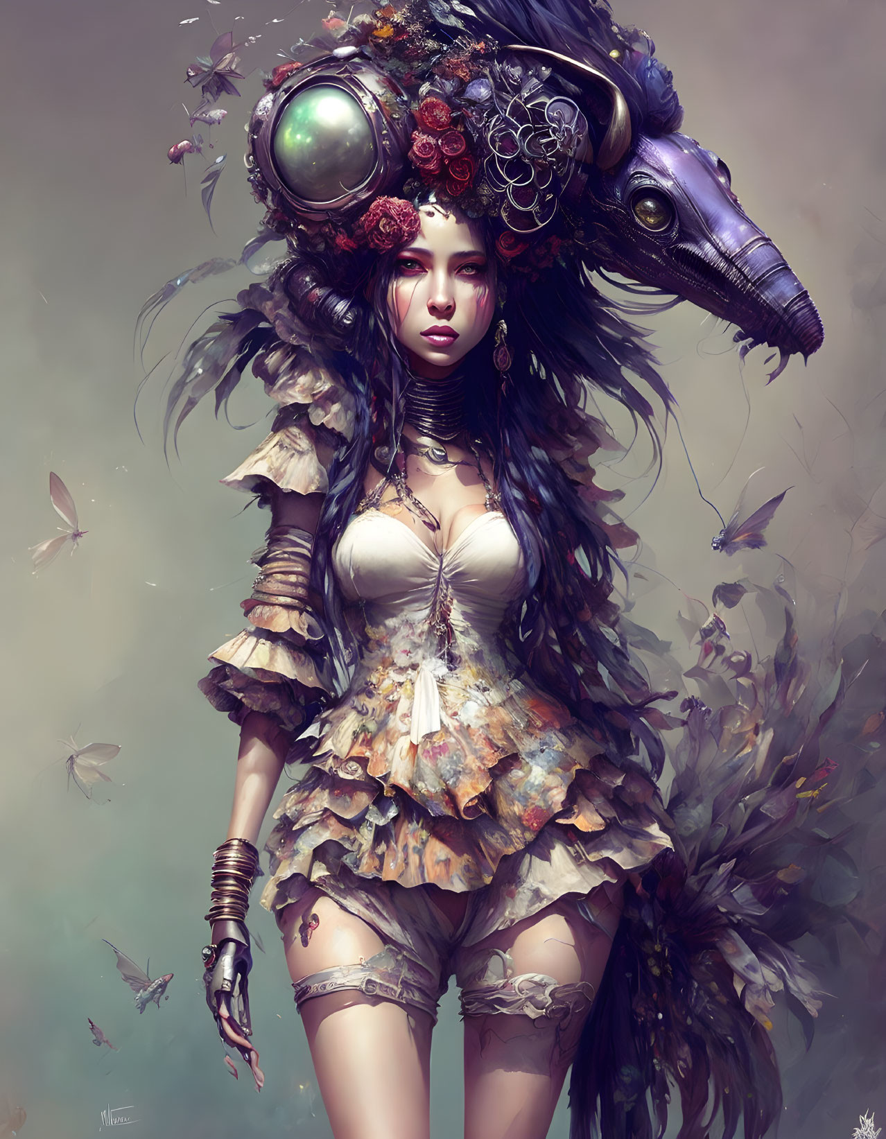 Fantasy illustration: Woman with crow headdress, butterflies, ornate corset, ruffles,