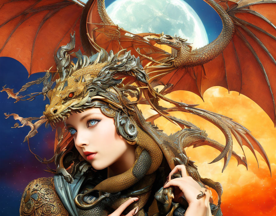 Fantasy portrait of woman in dragon armor with cosmic background