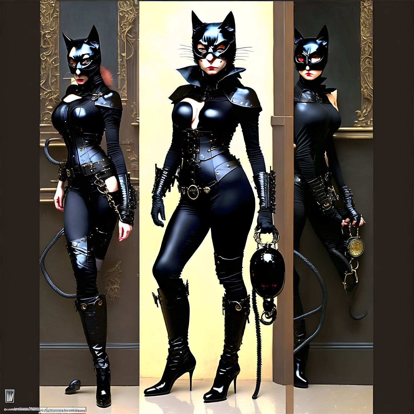 Cat-inspired character in black costume with round object against golden backdrop