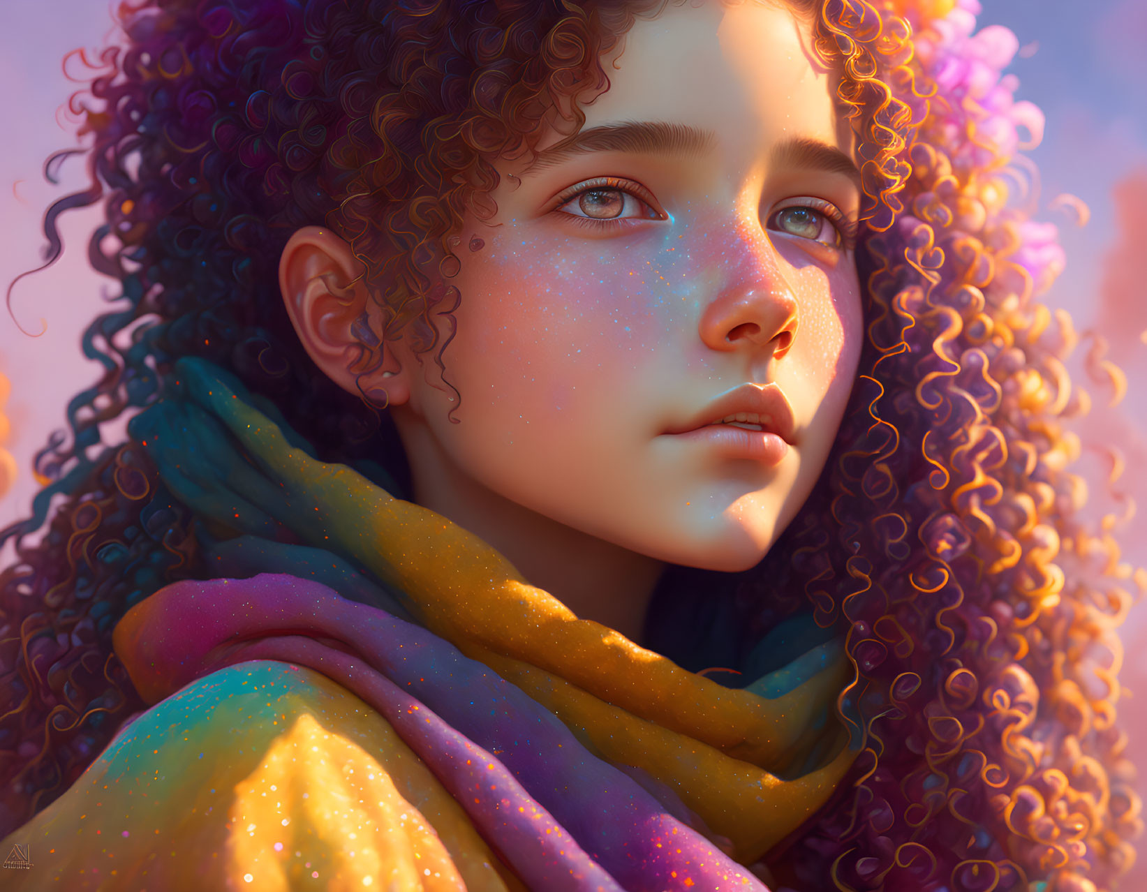 Young person with curly hair in colorful scarf under warm light