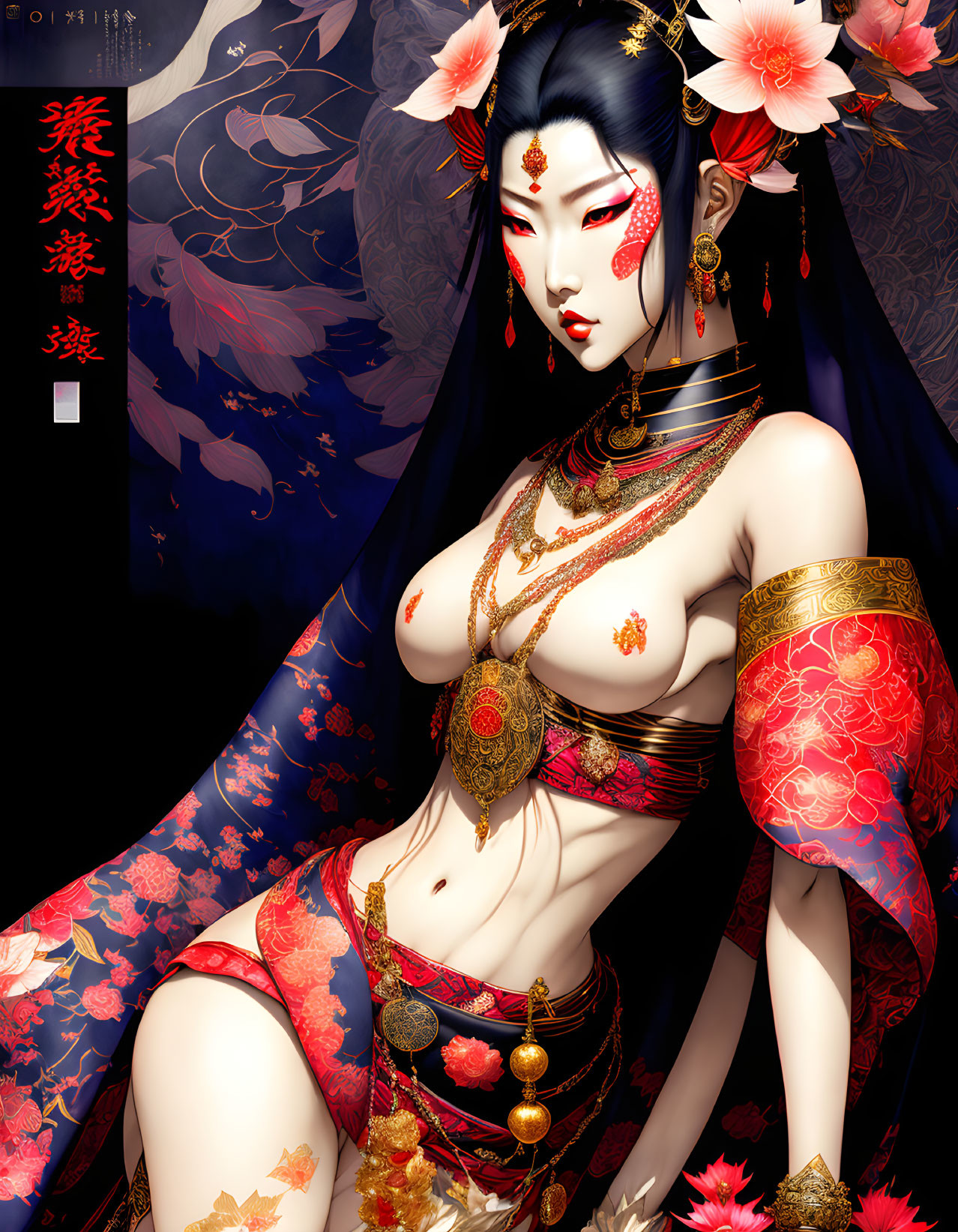 Stylized woman with tattoos in red and gold attire against floral backdrop