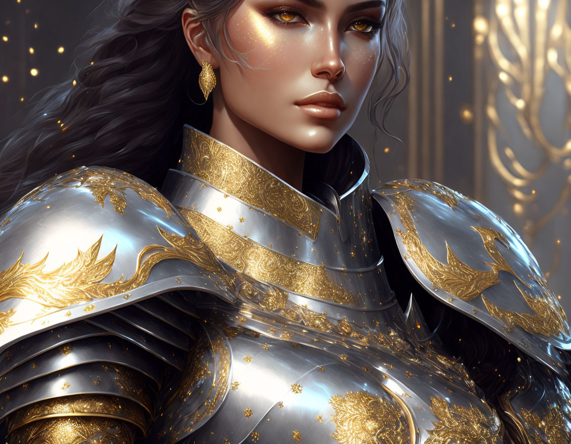 Detailed Illustration: Woman in Golden-Trimmed Armor with Glowing Accents