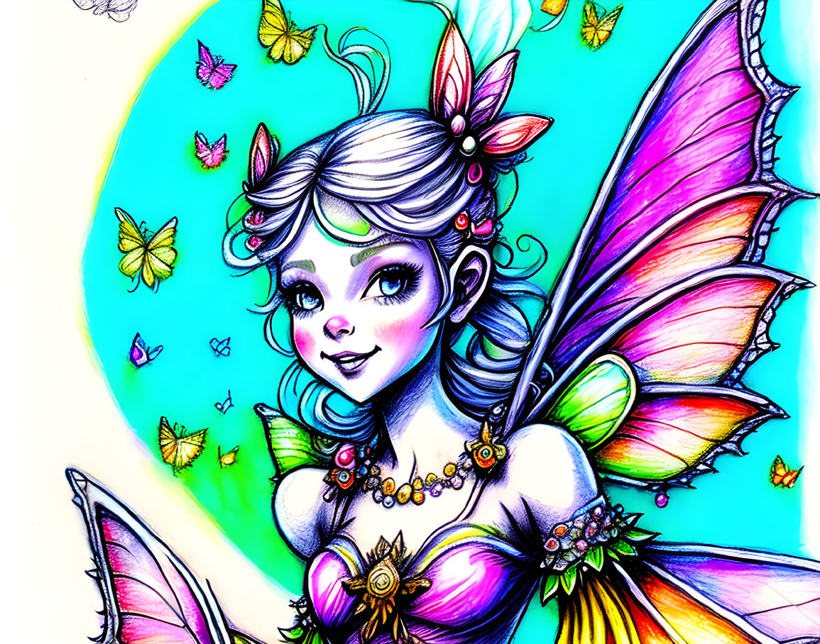 Colorful Fairy with Butterfly Wings and Whimsical Charm