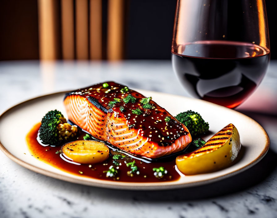 Glazed salmon with broccoli and red wine on marble table