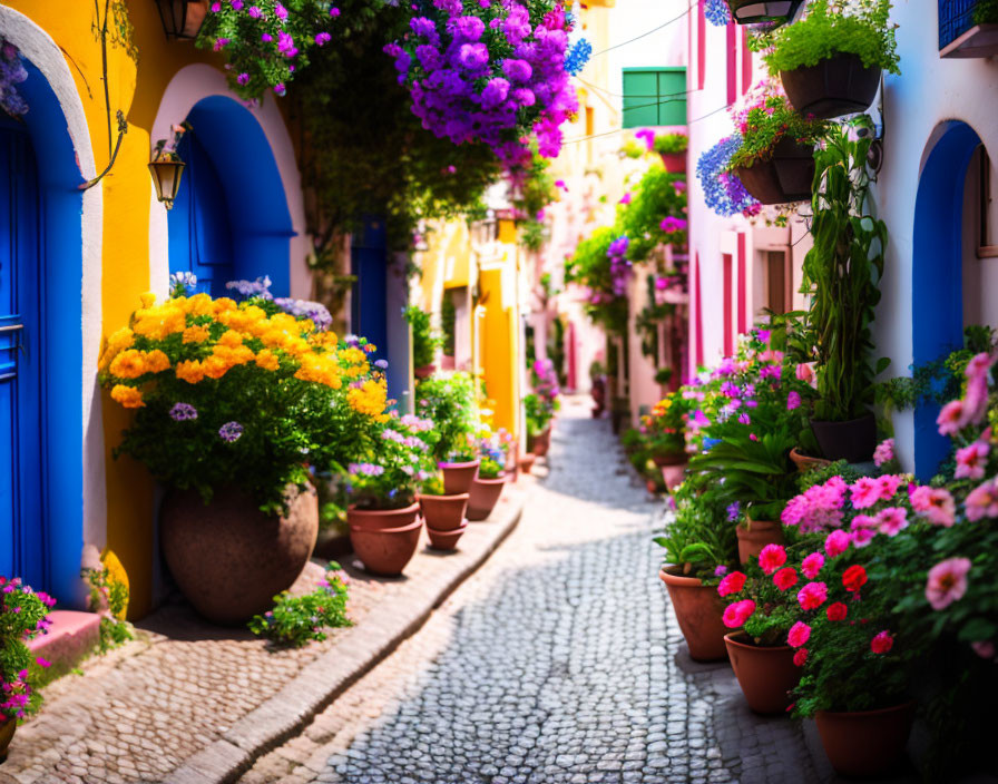 Colorful Houses on Cobblestone Street with Hanging Flower Baskets