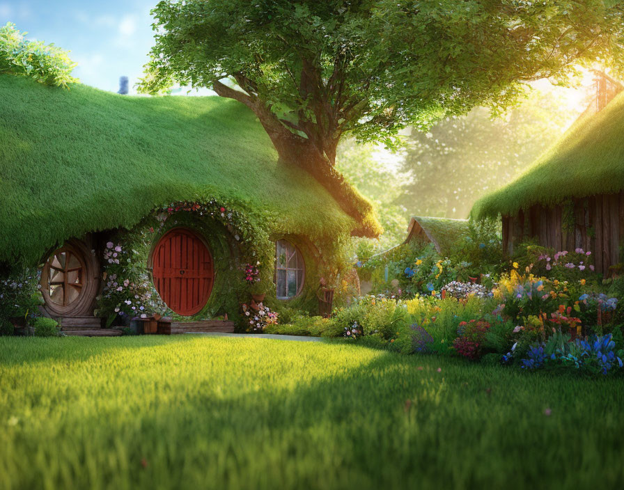 Thatched Roof Cottages in Lush Garden Light