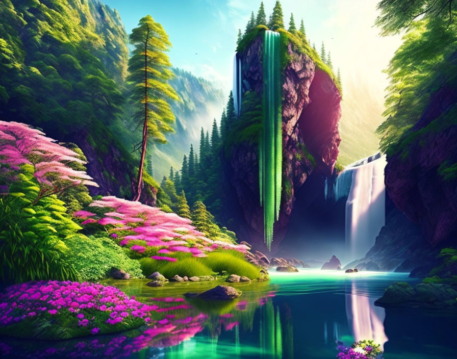 Tranquil waterfall in lush greenery with pink flowers and towering cliffs