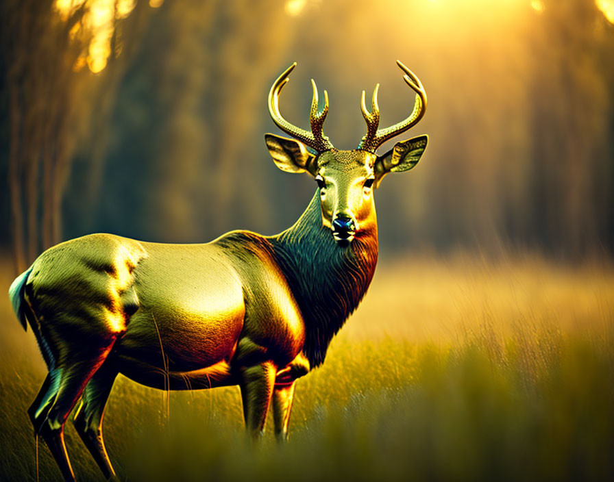 Majestic deer with antlers in golden-lit forest