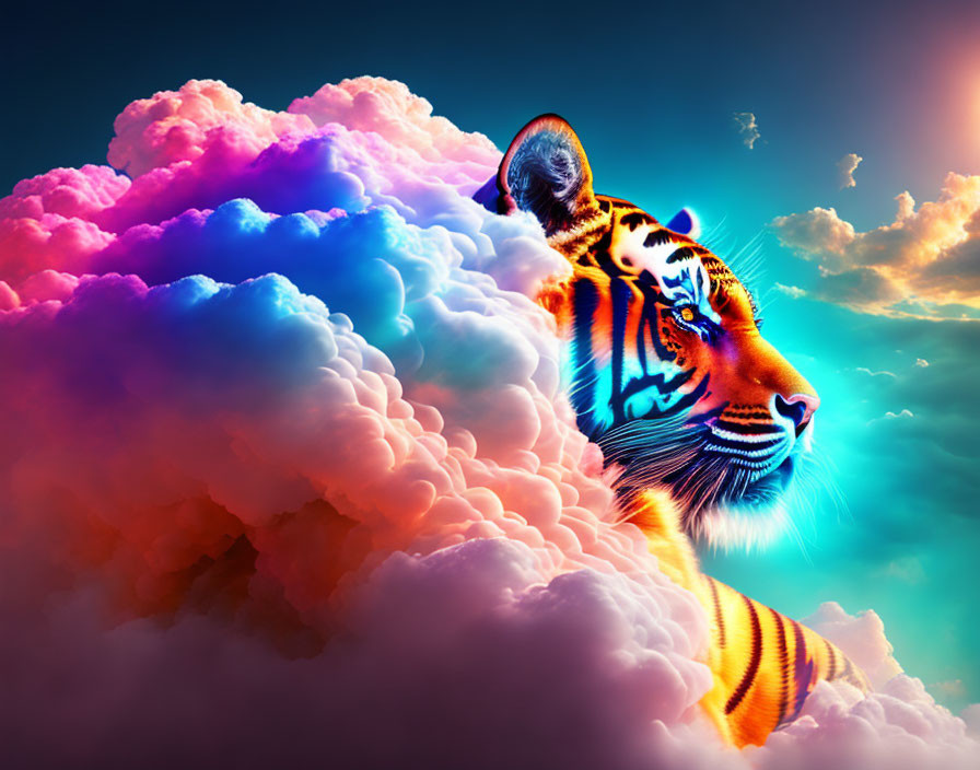 Colorful Tiger Head Emerges from Clouds in Digital Art