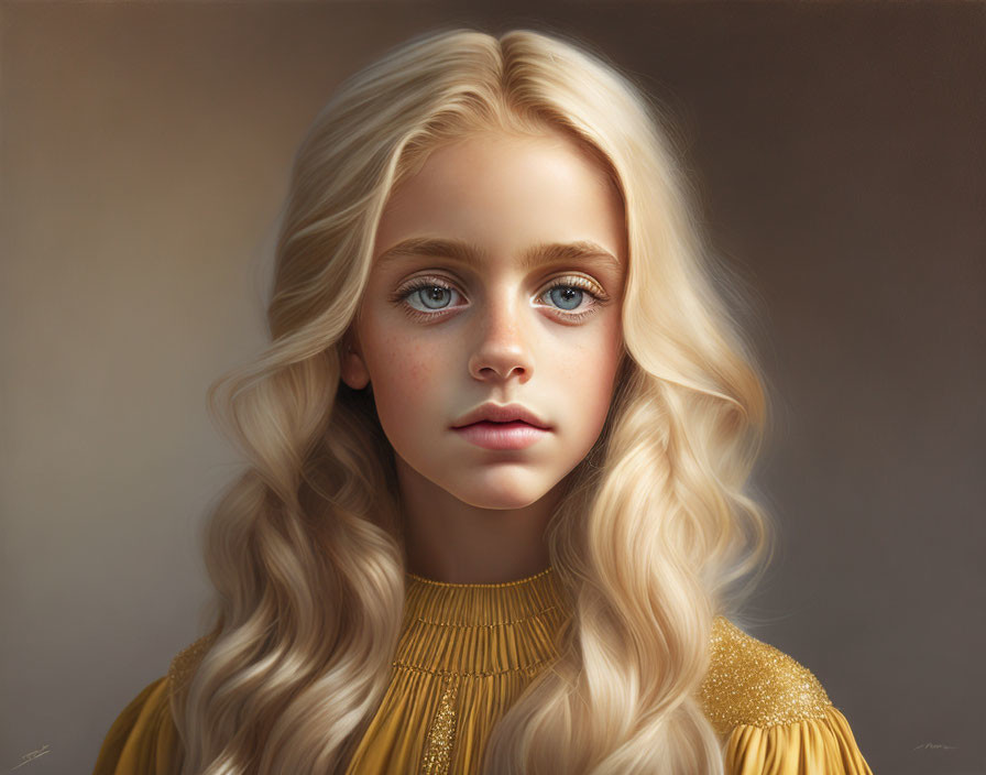 Digital portrait of young girl with blue eyes, blond hair, gold-yellow dress. Neutral toned background.