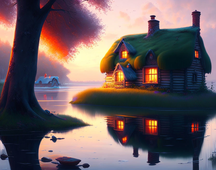 Tranquil sunset scene: Cottage with green roof near reflective lake