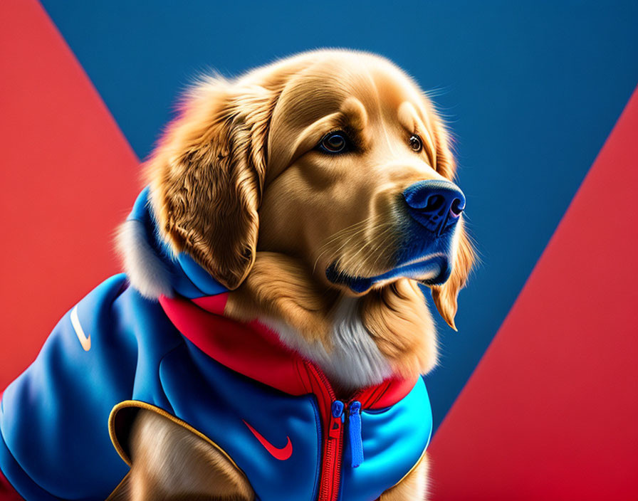 Stylish Golden Retriever in Blue and Red Jacket with Geometric Background