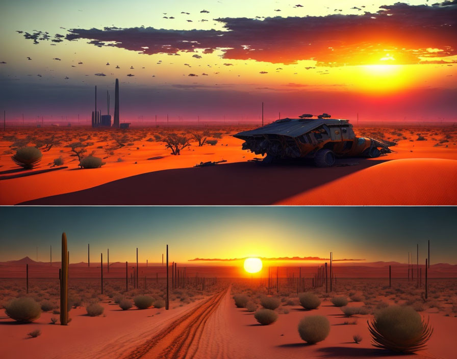 Desert sunset scene with abandoned vehicle, birds, city silhouette, and road.