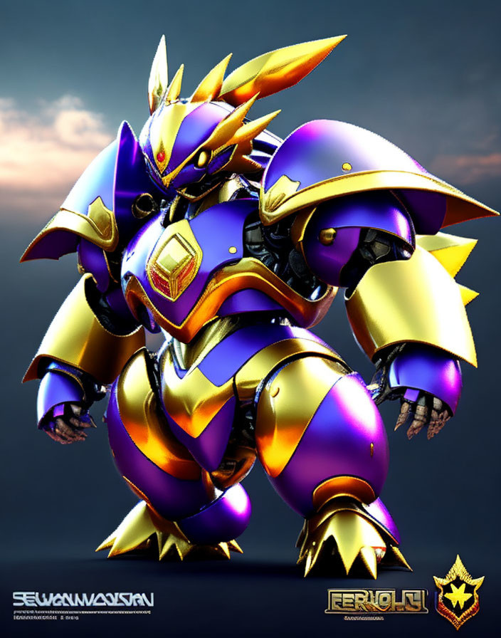 Shiny gold and purple armored robot with wing-like shoulder guards and hawk-like helmet