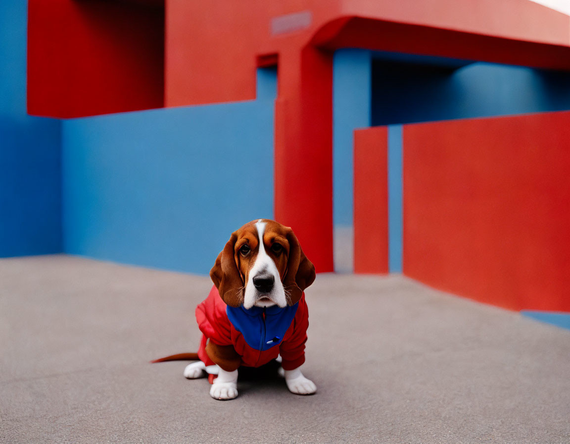 Basset Hound Dog in Red Jacket on Abstract Gray and Blue Backgrounds