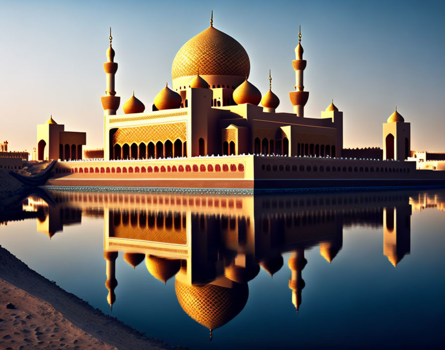 Golden domes and minarets at sunset reflected in water