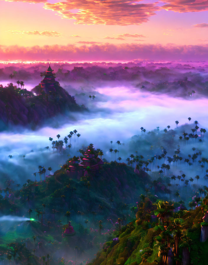 Traditional pagoda on hill in mystical landscape at dawn with vibrant sky