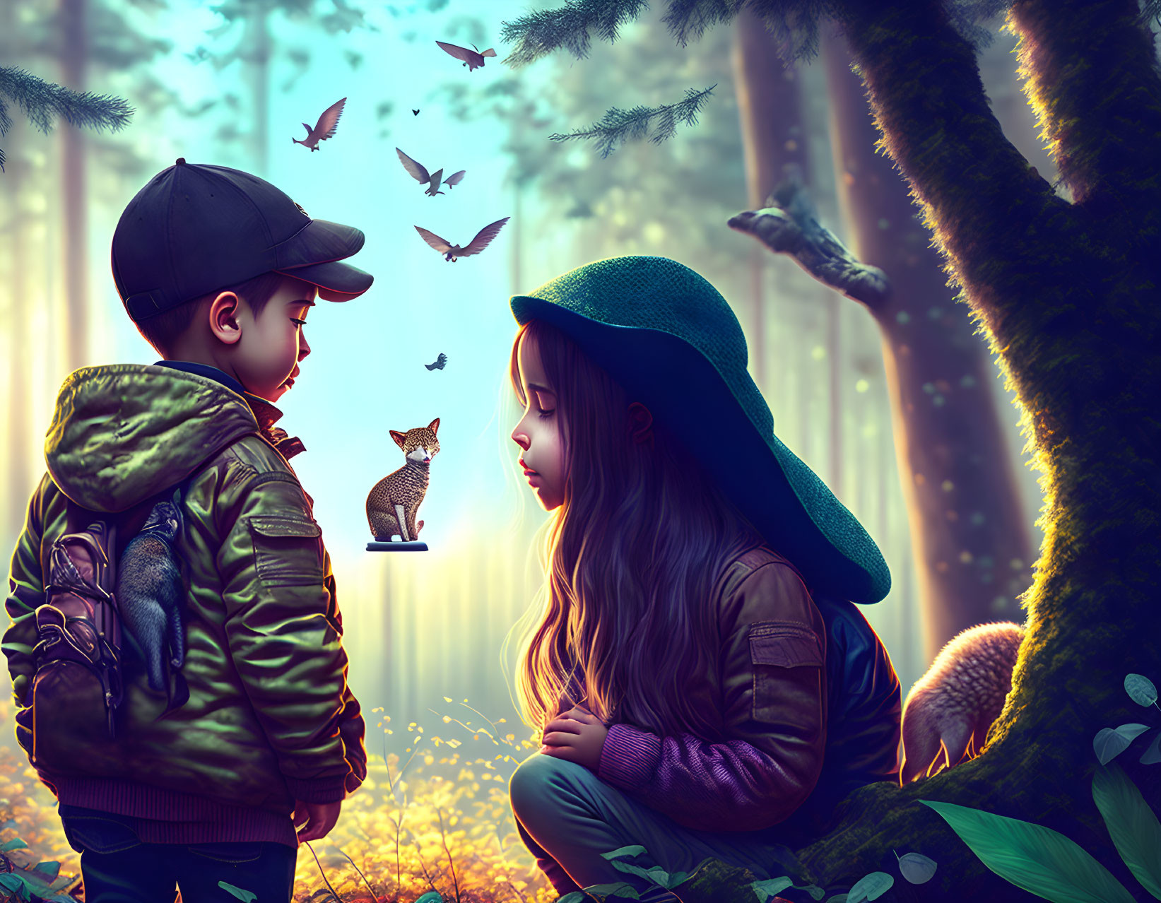 Children in mystical forest with colorful lighting and butterflies, small fox watching