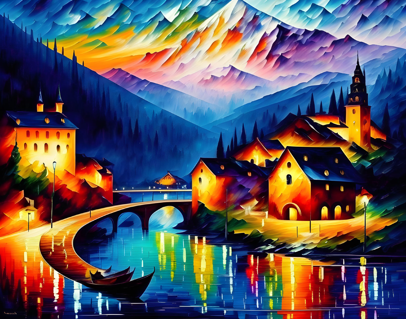 Colorful village painting with church, river, bridge, and mountains