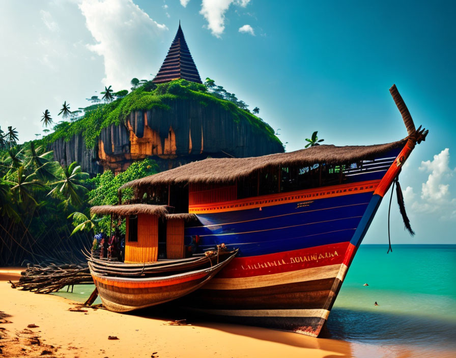 Long-tail boat on sandy beach with greenery, rocky hill, and pagoda-like structure against